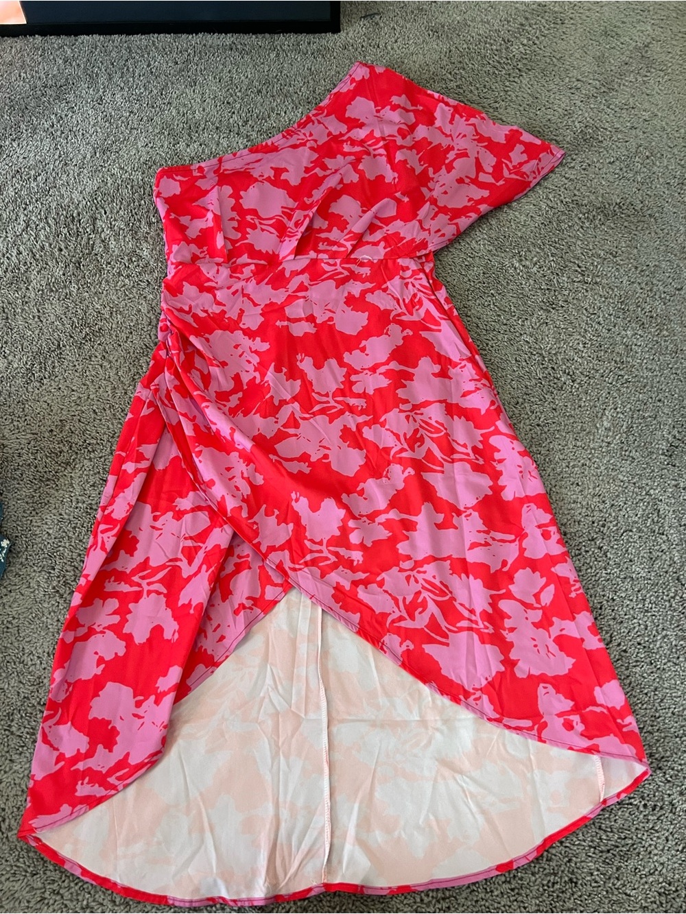 One-Shoulder Pink & Red Floral Dress